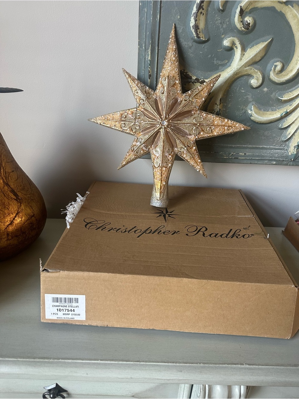 Christopher radko champagne stellar star Christmas tree topper made in Poland